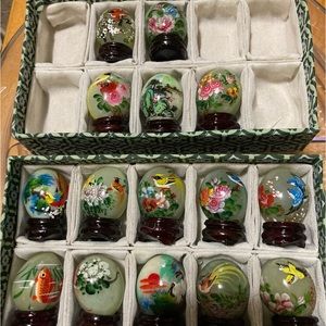 Oriental VintageHandpainted Decorative Jade eggs with stands.
